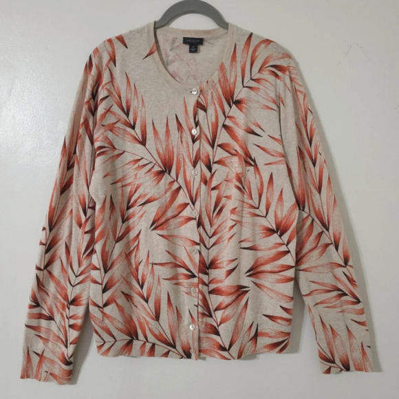ANN TAYLOR Factory Leaf Print Button Front Cardigan, 100 Cotton, XL - Picture 2 of 11